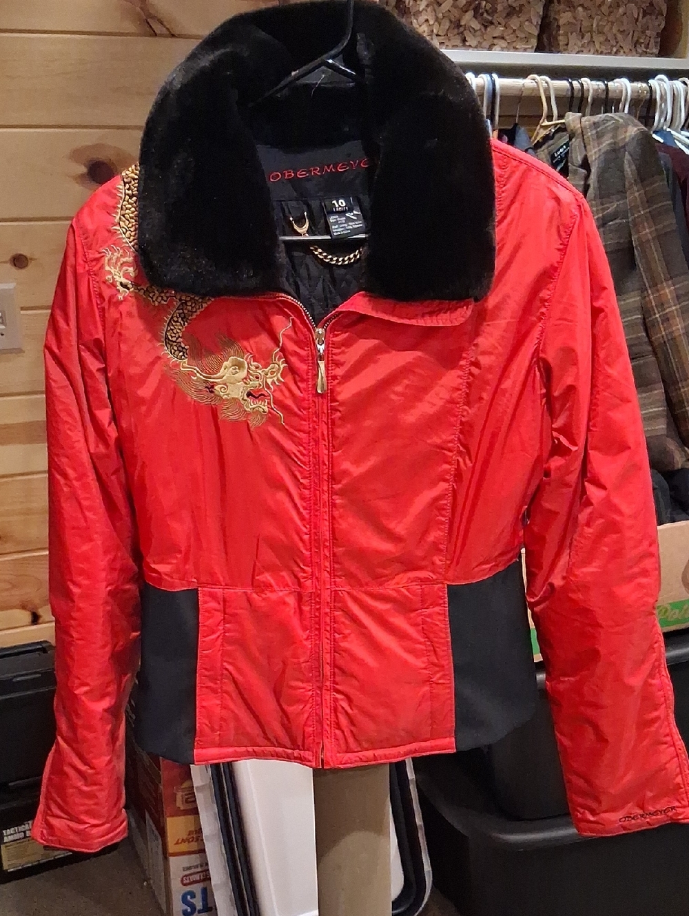 Obermeyer Red Bomber Jacket with Black Faux Fur Collar and Gold Embroidery
